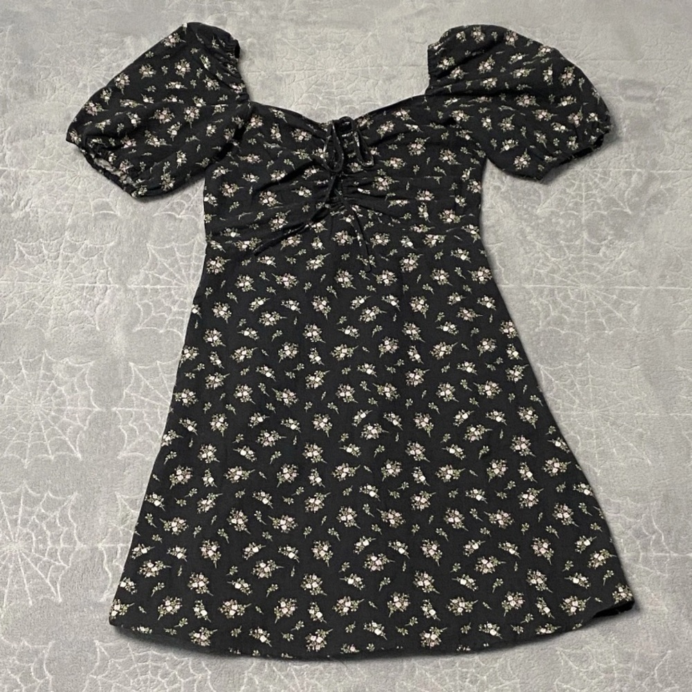 H&M Dress Linen Womens XS Gray Floral Puff Sleeve Feminine Milkmaid Cottagecore